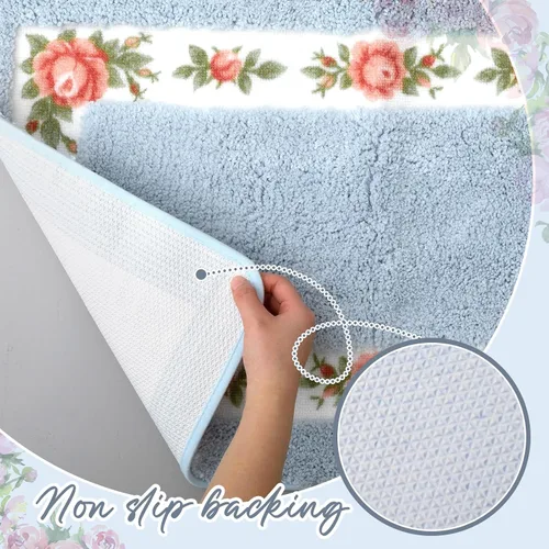 Miniatura 6 de Drydiet Juego de 3 alfombras de baño con rosas y flores, decoración de habitación, alfombra de baño floral en forma de U, antideslizante, Azul