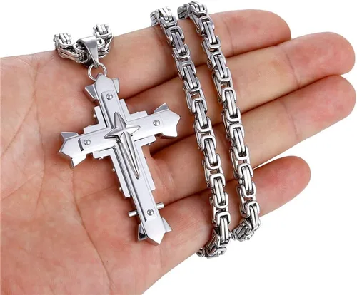 Miniatura 5 de Collar con colgante de cruz de Jesucristo grande de acero inoxidable, joyería religiosa para hombres, cadena de 24 pulgadas, color plataoronegro