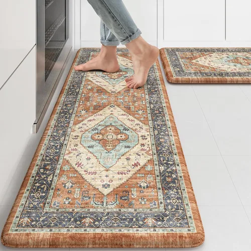 Miniatura 115 de KIMODE - Juego de 2 tapetes de cocina bohemios, antifatiga, antideslizantes, impermeables, ergonómicos, acolchados, cómodos, para lavandería, Caqui