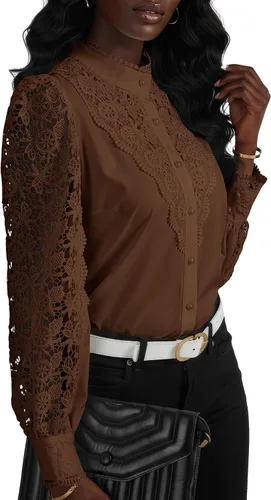 Miniatura 4 de Rooscier Blusa Elegante de Encaje de Crochet con Cuello Alto Simulado de Manga Larga con Botones para Mujer Top