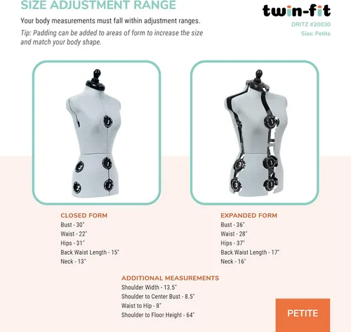 Miniatura 3 de Dritz Forma de Vestido Ajustable Twin-Fit Petite, Tallas US 00–4, Maniquí de Costura Femenino con Torso Corporal Pinnable, 13 Diales para Ajuste