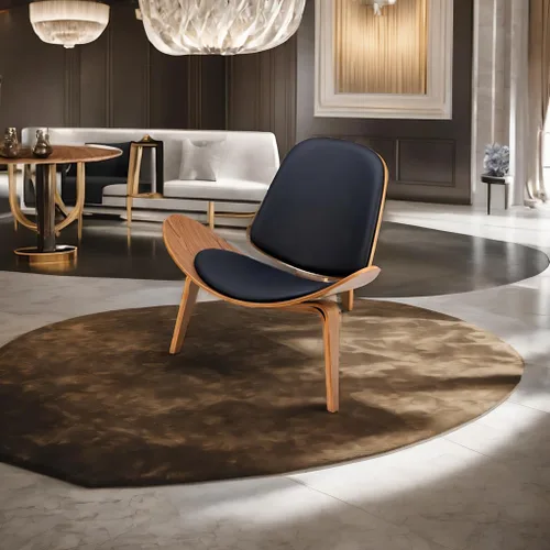 Miniatura 2 de Hans Wegner Style Silla de tres patas, silla de madera contrachapada de ceniza con tapicería de piel sintética negra, muebles de sala de estar