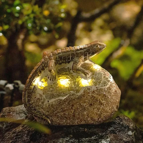 Rezpuao Estatua de jardín de lagarto, decoración solar de lagarto para exteriores, figura de lagartos de resina con luz solar para patio, balcón,