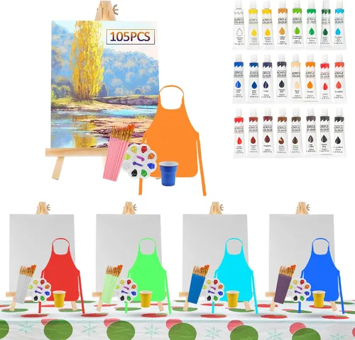 Rabbitale Juego de 105 piezas de suministros de pintura artística para fiestas, 50 pinceles, 24 pinturas acrílicas, 5 caballetes de madera, paneles