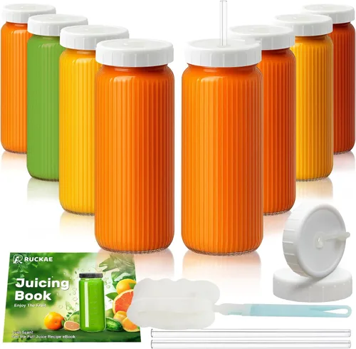 Miniatura 13 de Ruckae Paquete de 10 botellas de jugo de 16 onzas, botellas de vidrio con tapas, tapas de taza de batido y pajitas, botella de agua, vasos