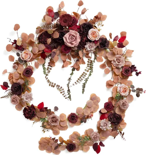 Miniatura 11 de Ling's moment Guirnalda de eucalipto y hojas de sauce de 9 pies con flor blanca, artesanal, centros de mesa para mesa de novios, decoración de mesa