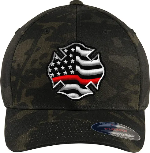 Miniatura 2 de Línea roja fina bordada personalizada y bandera del bombero. 6477 y 6277 Flexfit Wooly Peinada Sarga Cap