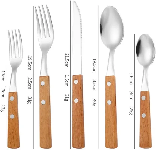 Miniatura 2 de Juego de 20 cubiertos de acero inoxidable con mango de madera maciza para 4 personas, cuchillo para carne, cuchara de postre (oscuro)
