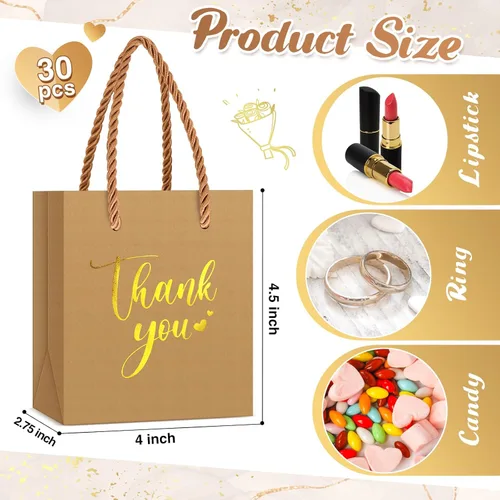 Miniatura 3 de Honoson 30 mini bolsas de regalo con asa de 4 x 2.75 x 4.5 pulgadas, pequeña bolsa de agradecimiento de papel de aluminio para boda, baby shower