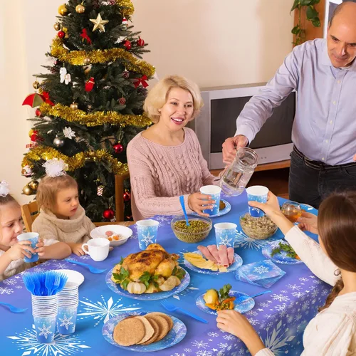 Miniatura 5 de durony 145 piezas de suministros de fiesta de cumpleaños de Frozen, vajilla desechable, platos de papel de copo de nieve de invierno, servilletas