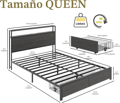 Miniatura 2 de Lifezone Base de cama Queen con cabecera de almacenamiento de 2 niveles, marco de cama de metal para dormitorio con 2 cajones de almacenamiento