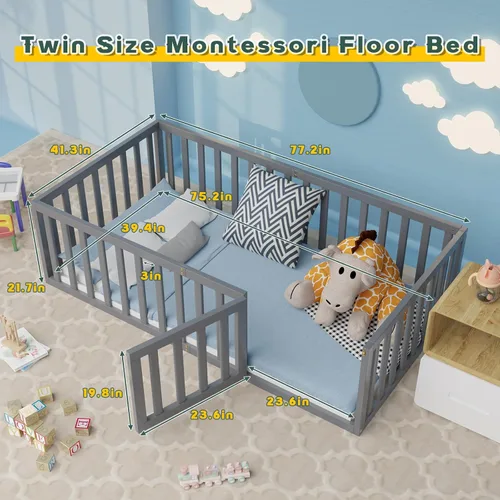 Miniatura 7 de Zevemomo Cama de suelo tamaño individual para niños y niños, cama de piso Montessori individual con barandillas de seguridad y puerta, cama de piso