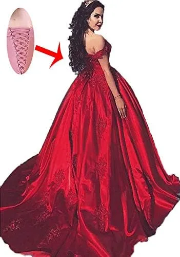 Miniatura 2 de Meicuhap Women's Off Shoulder lace Applique Prom Dress Satin Quinceanera Ball Gowns for Sweet 15 16