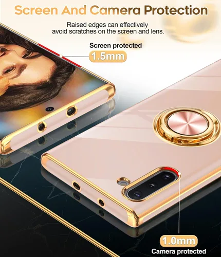 Miniatura 4 de LeYi Funda para Note 10 - Soporte de anillo giratorio de 360°, soporte magnético, funda protectora con borde de oro rosa chapado
