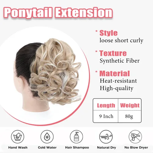 Miniatura 5 de Extensión de cola de caballo, extensiones de cabello suelto corto rizado con cola de caballo de 9 pulgadas, extensiones de cabello ondulado