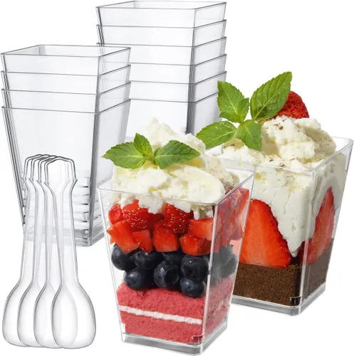 Vasos de postre de plástico de 5 onzas con cucharas, paquete de 50 unidades, mini tazas de postre cuadradas transparentes para aperitivos, tazas de