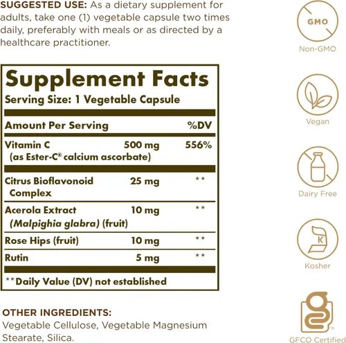 Miniatura 2 de Solgar Ester-C Plus 500 mg de vitamina C (complejo de ascorbato) – 50 cápsulas vegetales – Suave y no ácido – Antioxidante y apoyo inmunológico