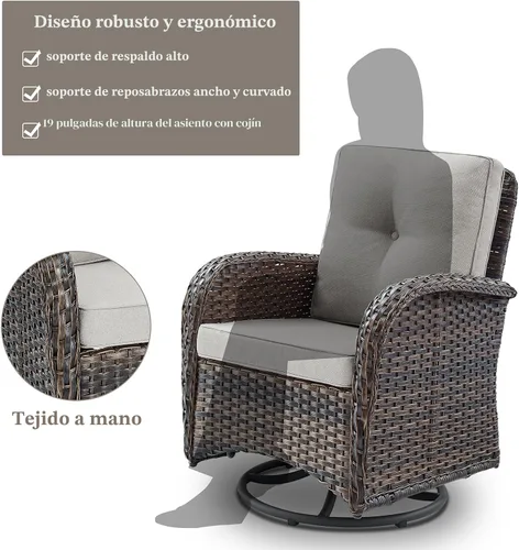 Miniatura 8 de Belord Sillas de Mimbre Giratorias Mecedoras para Patio - Juego de 2 Sillas Mecedoras Giratorias para Exteriores con Mesa Auxiliar de Ratán, Silla