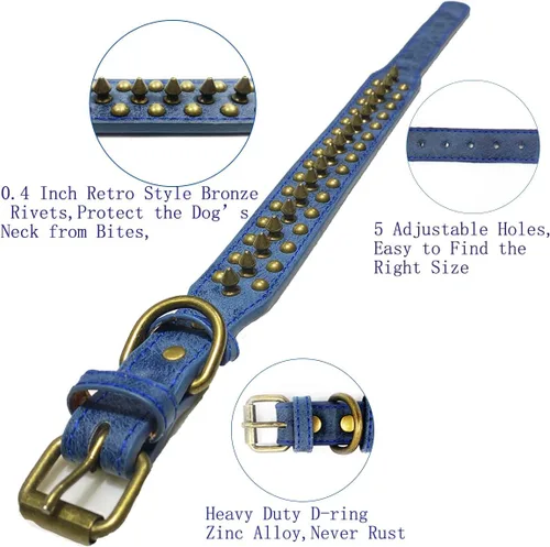 Miniatura 3 de Collar de perro con tachuelas, collar de piel sintética antimordeduras para perros pequeños, medianos y grandes (azul, L)