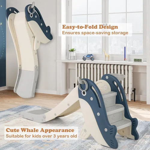 Miniatura 5 de BABY JOY Tobogán plegable para niños pequeños, juego independiente de escalador para bebés con aro de baloncesto, juego de tobogán para niños