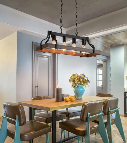 Miniatura 4 de MEIXISUE Lámpara rústica para isla de cocina, comedor, candelabro lineal estilo granja, acabado negro y madera retro, 4 luces, lámpara colgante