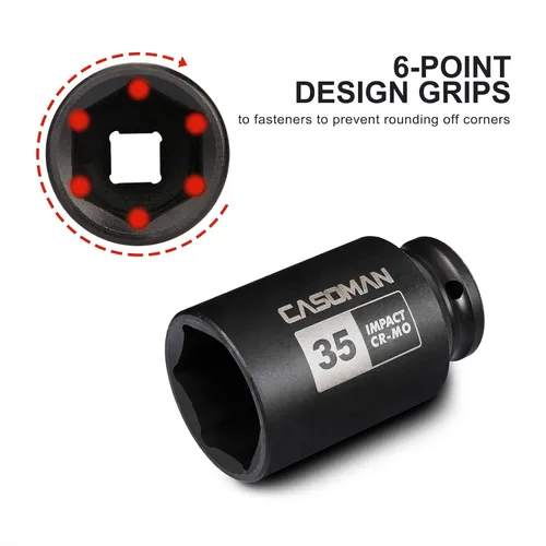 Miniatura 2 de CASOMAN Enchufe de impacto de 6 PT de 1/2" x 1.378 in de profundidad, CR-MO, 1/2 pulgada de transmisión de 6 puntos para una fácil extracción