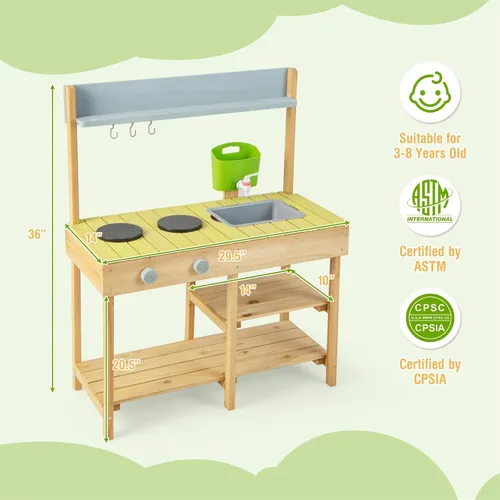 Miniatura 8 de HONEY JOY Cocina de barro, cocina de madera de abeto para niños, mesa de barro, agua corriente, fregadero extraíble, juego de cocina para niños al