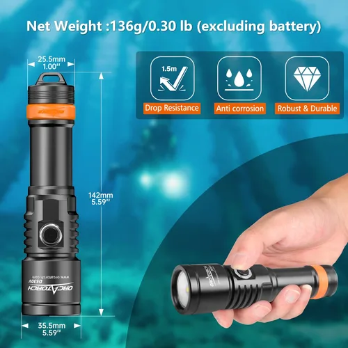 Miniatura 6 de ORCATORCH D530V 1200 lúmenes de luz de video subacuática, linterna de buceo de haz súper ancho de 120°, 2 modos con rótula ZJ18, IP68 impermeable