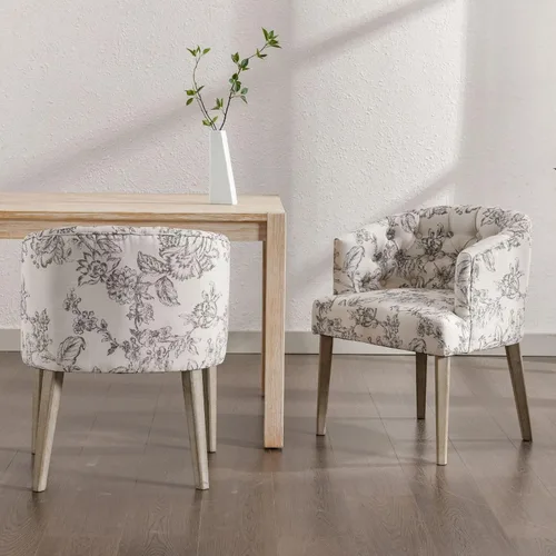 Miniatura 7 de DUOMAY Juego de 2 sillas de comedor modernas copetudas, silla auxiliar tapizada de lino, cómoda silla de barril con patas de madera para el hogar