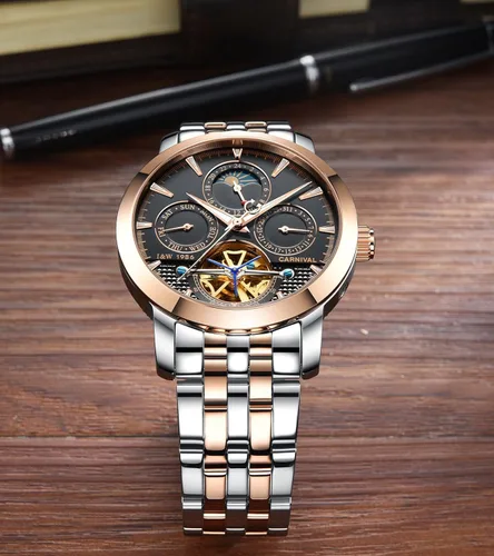 Miniatura 5 de PASOY Reloj de Hombre Automático Mecánico Tourbillon Acero Inoxidable Stell Fecha Dial Azul Reloj Esqueleto