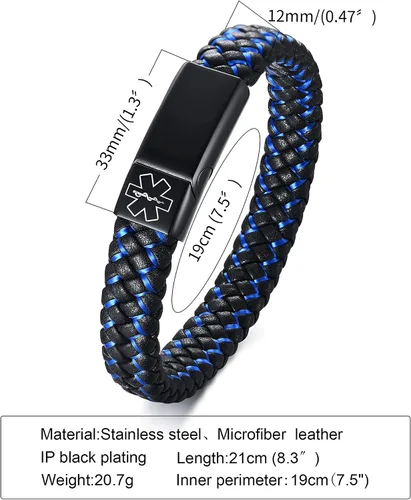 Miniatura 2 de VNOX Pulsera médica para hombres Pulsera de cuero genuino de acero inoxidable con alerta médica para hombres y mujeres, 8.3 pulgadas