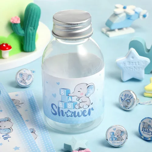 Miniatura 3 de Gersoniel 39 etiquetas para botellas de agua de elefante para baby shower, etiquetas adhesivas impermeables para revelación de género, suministros