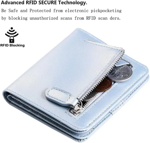 Miniatura 3 de Funtor Cartera de cuero para mujer, pequeña y compacta, con bolsillo doble, bloqueo RFID, para mujer