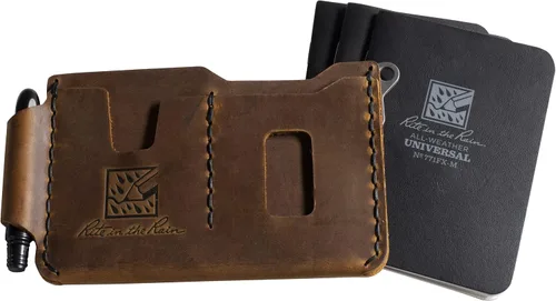 Rite in the Rain SHERPA - Kit de cartera de cuero genuino para cuadernos, 6.875 x 3.75 pulgadas. Incluye un bolígrafo de bolsillo EDC y un paquete