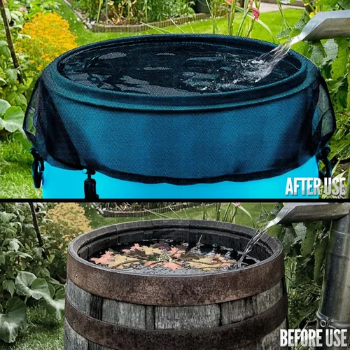 Miniatura 5 de 4 cubiertas de malla de barril de lluvia con cordón – 38.2 pulgadas de red de recogida de agua para evitar hojas caídas y escombros, pantalla