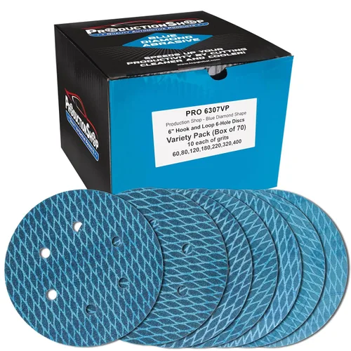 Miniatura 11 de ProductionShop Premium - Discos de lijado azules con forma de rombo de grano 80 de 6 pulgadas, 6 agujeros, caja de 50 – Papel de lija sin polvo