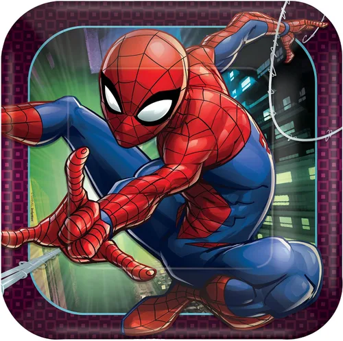 Amscan Spider-Man Webbed Wonder - Platos cuadrados de papel, 9 pies, multicolor, paquete de 8