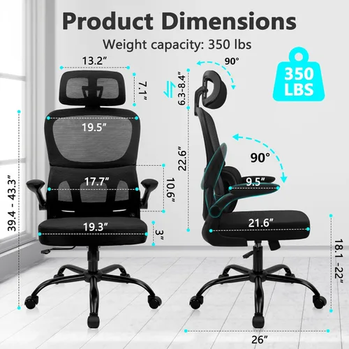 Miniatura 3 de CLATINA Silla ergonómica de escritorio de oficina con reposacabezas ajustable y soporte lumbar, brazos abatibles, respaldo alto, sillas ejecutivas