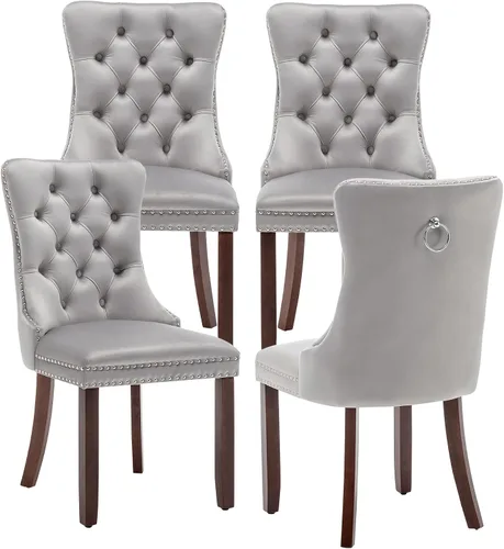 Miniatura 25 de Juego de 6 sillas de comedor de cuero, sillas de comedor tapizadas con ribete de cabeza de clavo y patas de madera maciza, silla auxiliar de comedor