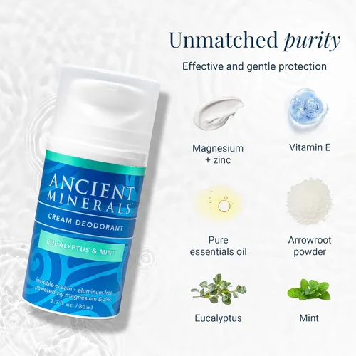 Miniatura 7 de Ancient Minerals Crema desodorante natural, aroma a eucalipto y menta, sin aluminio, desodorante vegano para mujeres y hombres con magnesio, zinc