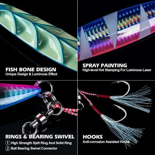 Miniatura 5 de Goture Señuelo artificial vertical de caída plana lenta con plomo luminoso de agua salada, señuelo de pesca con dos ganchos Mustad de asistencia