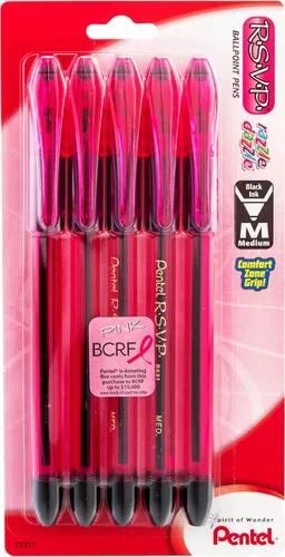 Pentel Pink BCA RSVP Razzle-Dazzle, (0.039 in) línea media, tinta negra, paquete de 5 (BK91RDBP5P)