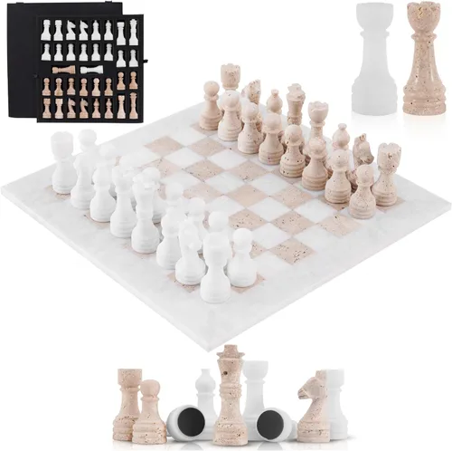 Miniatura 7 de Juego de ajedrez de mármol para adultos de 15 pulgadas, hecho a mano, juegos de ajedrez negro y travertino con caja de almacenamiento, juego