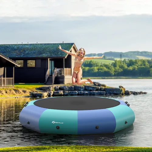 Goplus - Trampolín inflable de agua de 10 pies, 12 pies, 15 pies, rebotador acuático recreativo con inflador eléctrico, escalera de cuerda, cuerdas