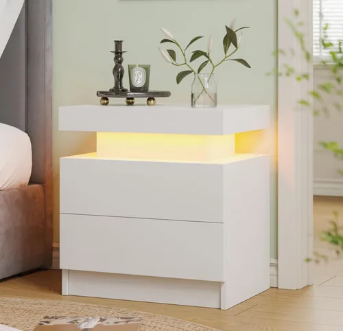 Miniatura 10 de Mesita de noche LED Mesita de noche LED con luces LED, mesa auxiliar moderna con 2 cajones para dormitorio, gris claro