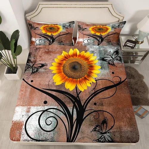 Miniatura 17 de Erosebridal Juego de ropa de cama rústica de tamaño individual, diseño de mariposa y girasol, para niños, adolescentes, adultos, retro, grunge