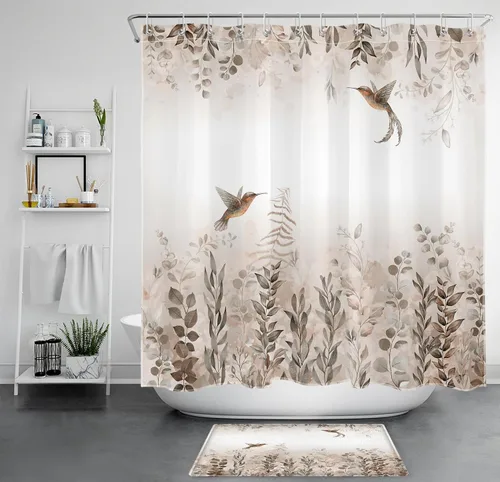 Miniatura 13 de EOBTAIN Cortina de ducha de hojas de otoño, colibrí y hojas de eucalipto sobre blanco, cortina de ducha para baño, cortina de baño de tela de Marrón