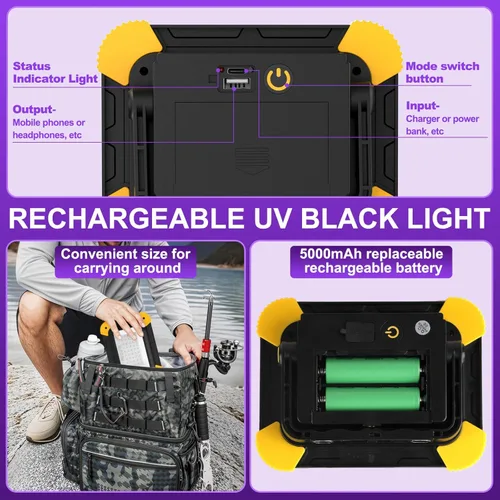 Miniatura 4 de AUMIO Paquete de 2 luces negras recargables, 5000 mAh, LED magnéticas, impermeables, inalámbricas, de 405 nm, luz de inundación ultravioleta