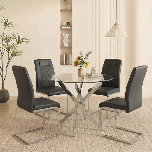Miniatura 17 de Juego de mesa de comedor redonda de vidrio templado para 4, juego de mesa de cocina moderna de 5 piezas con 4 sillas tapizadas para cocina y comedor