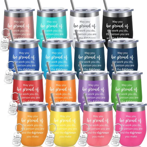 Miniatura 10 de Inbagi Juego de 10 vasos de vino inspiradores con pajilla, tazas de agradecimiento a los empleados y llaveros, vasos de acero inoxidable con texto